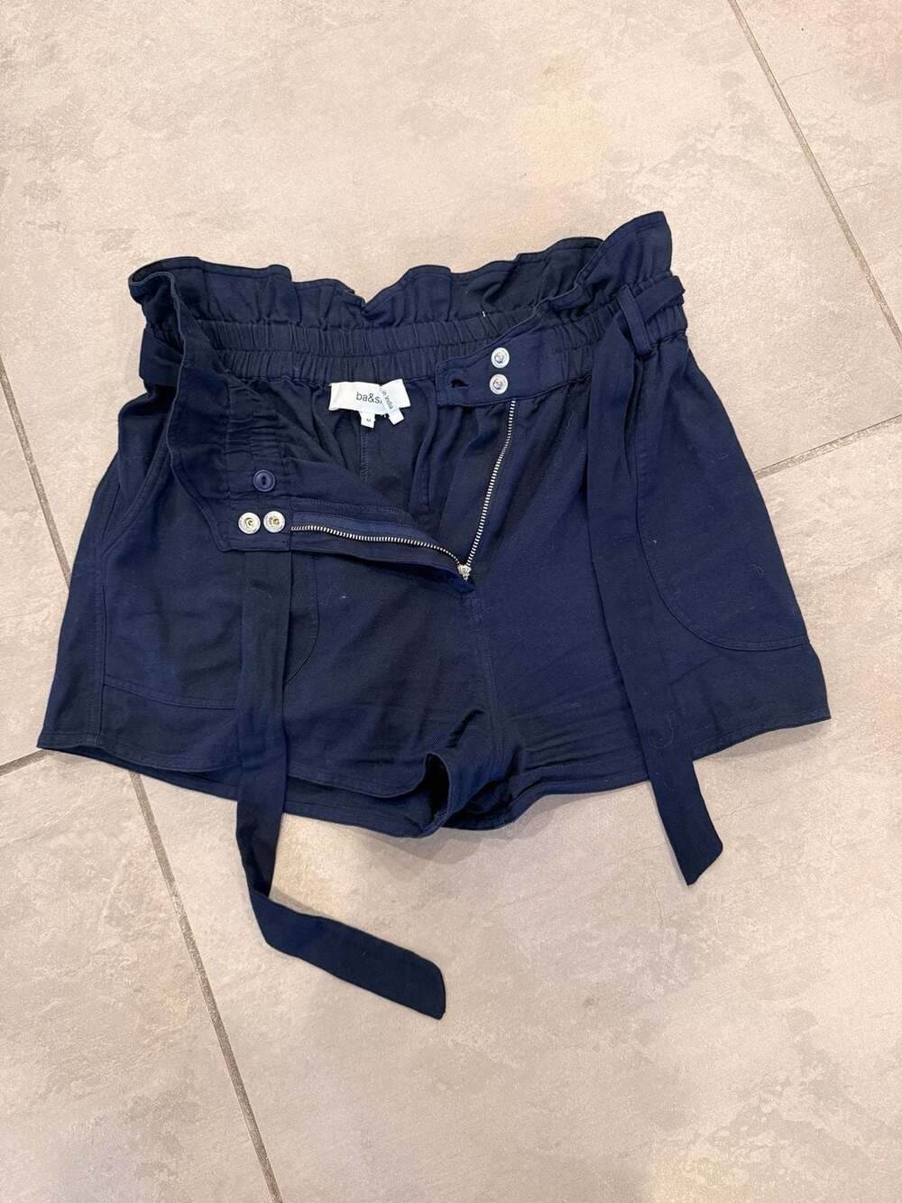 ba&sh Navy Paperbag Waist Shorts with Tie Belt
